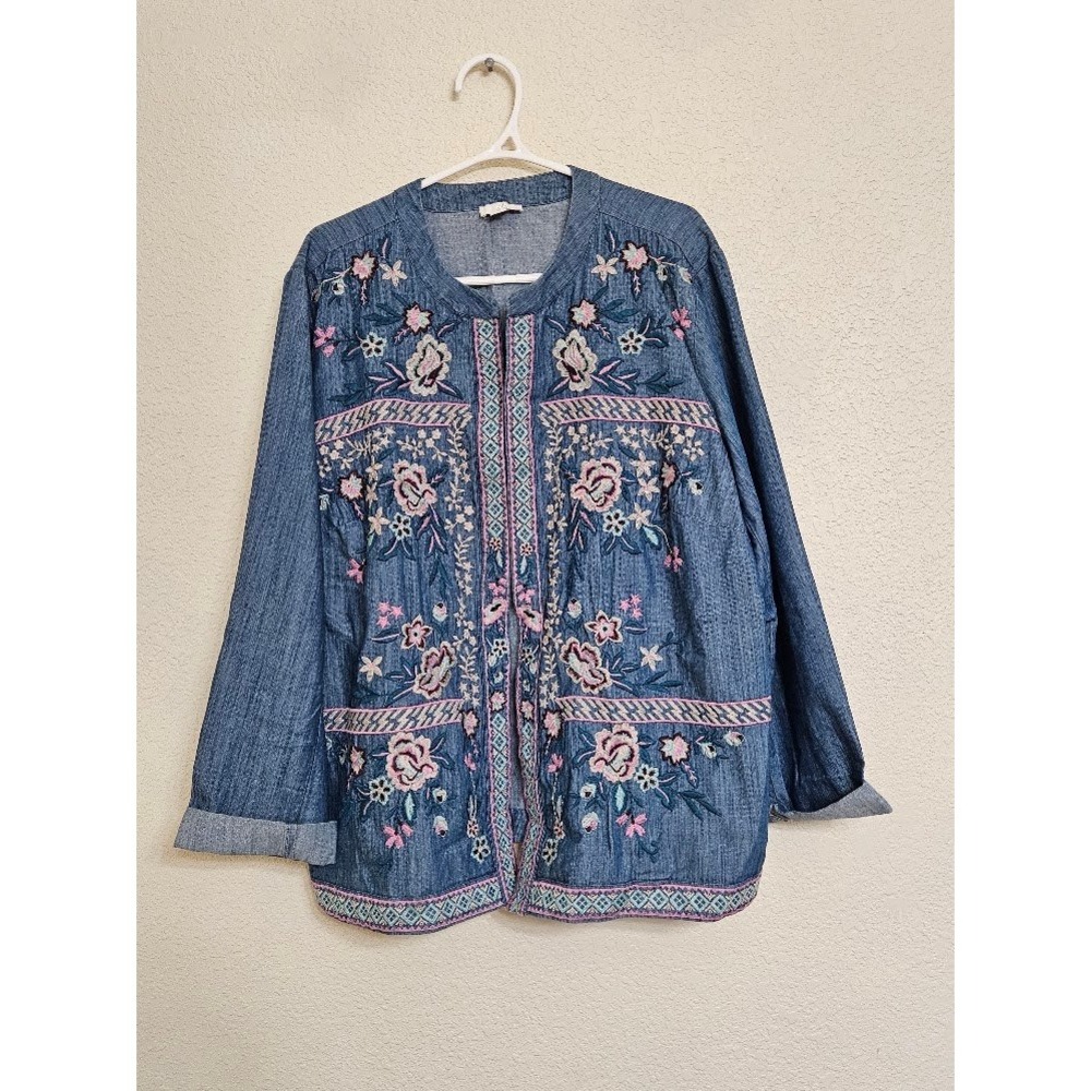 J. Jill Embroidered Denim Jacket XL Blue Cotton Floral Boho Open Front Topper